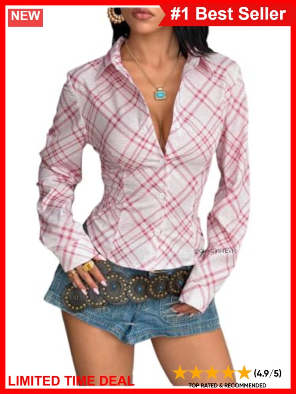 Plaid Button Down Shirt Collared V Neck Lace Up Back Blouse